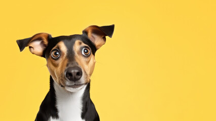 Closeup of shocked dog on yellow background with copy space