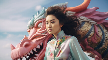 Portrait of beautiful Chinese woman with chinese dragon sculpture.  Pastel colors in the style of...