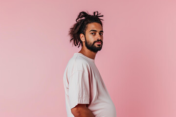 pregnant trans man with a big belly on a pastel pink background