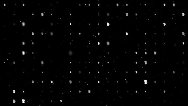 Template animation of evenly spaced mug beer symbols of different sizes and opacity. Animation of transparency and size. Seamless looped 4k animation on black background with stars