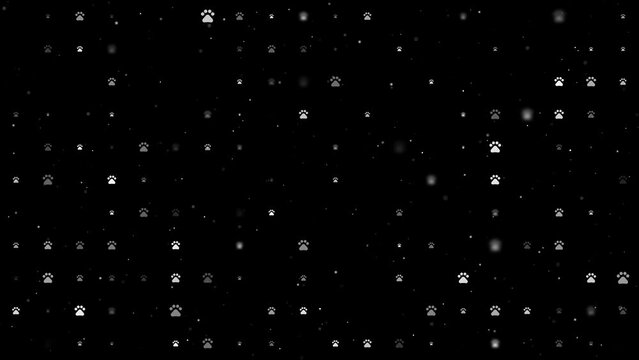 Template animation of evenly spaced pet symbols of different sizes and opacity. Animation of transparency and size. Seamless looped 4k animation on black background with stars