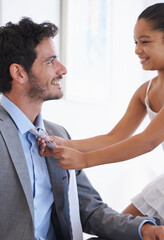 Happy, tie and child helping father with getting ready for work in living room of modern home....