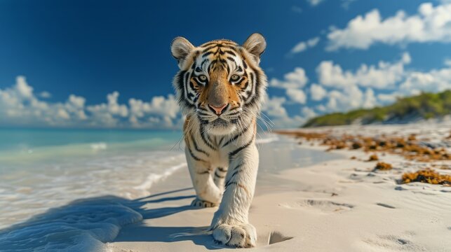 a white tiget walking toward the camera on a prinstine beach