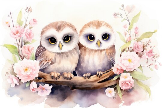 Two little owlets are sitting on a flowering tree branch. Watercolor