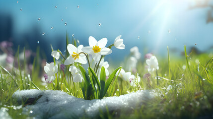 Spring flowers and grass growing from the melting sun, blue sky and sunshine in the background. Concept of spring coming and winter leaving. - obrazy, fototapety, plakaty
