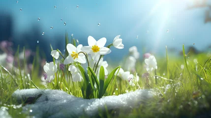 Fotobehang Spring flowers and grass growing from the melting sun, blue sky and sunshine in the background. Concept of spring coming and winter leaving. © linda_vostrovska