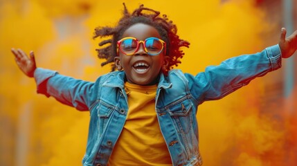 Joyful african american kid in sunglasses and denim jacket having fun outdoors.