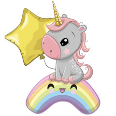Cute Cartoon Unicorn with balloon on the rainbow
