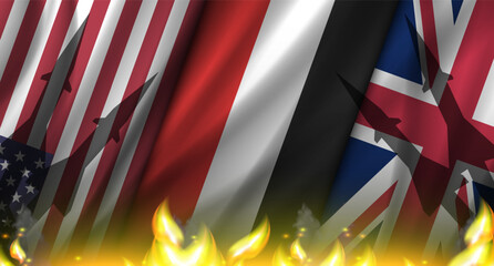 Vector military poster. Wavy flags of USA, Yemen and UK. The alliance of the US and Great Britain against Yemen. A military clash between the countries. Bright flames and silhouettes of black rockets.