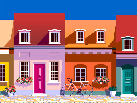 A beautiful street with old historic houses, doors, windows and flowers on the windowsills. Handmade drawing vector illustration.