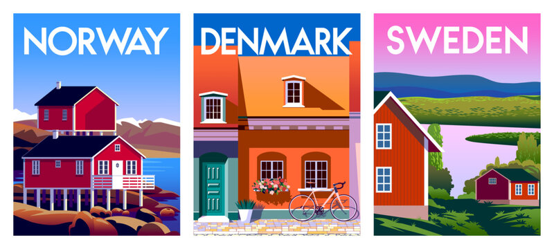 Set of travel posters. Norway, Denmark and Sweden. Handmade drawing vector illustration. 
