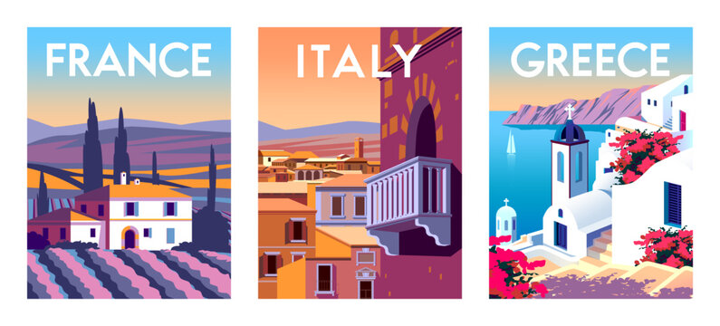 Set of travel posters. Italy, Greece and France. Handmade drawing vector illustration. 