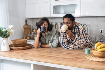Young couple drinking coffee together in the kitchen on early morning before they go to the work. Emotional people spending free time with tea and conversation. - Powered by Adobe