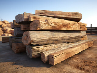 Pile of wooden blocks for building construction materials on an empty field