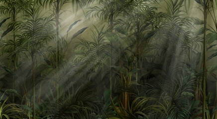 Drawn plants and trees through which light shines, artistic drawing on a textured background, photo wallpaper for the interior.