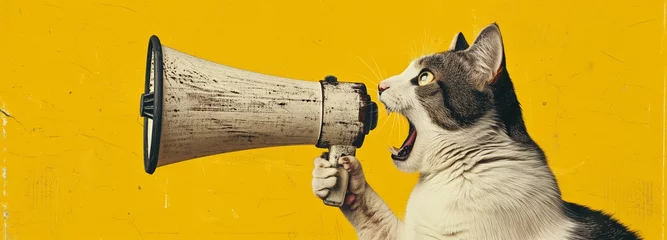 Fotobehang Cat yelling into a megaphone against a vibrant yellow vintage-style background, creating a humorous take on advocacy. Loudspeaker announcing crazy promotions.  © Maxim