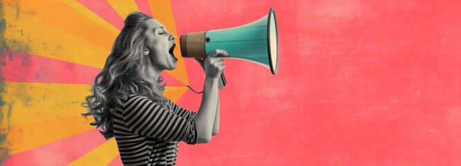 A lively vintage-style image of a woman in stripes shouting into a turquoise megaphone crazy promotions, set against a vibrant, abstract sunburst background. - obrazy, fototapety, plakaty