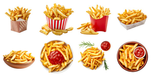 Set of french fries mockup in 3d without backoground png for decoration. Created using generative AI.
