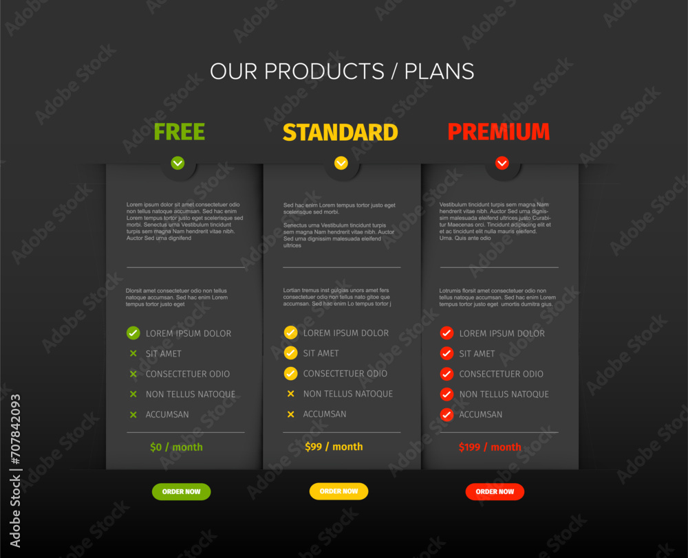 Poster dark gray three products cards features schema template with order buttons