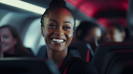 African-American female flight attendant with a welcoming smile