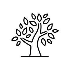 Stylized tree icon. Simple outline style. Growth branch, leaves, trunk, vintage concept. Thin line symbol. Vector illustration isolated.