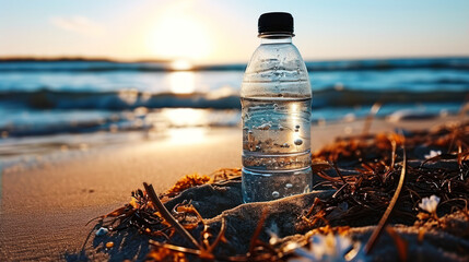 Transparent reusable water bottle on sandy beach with ocean backdrop emphasizing environmental...