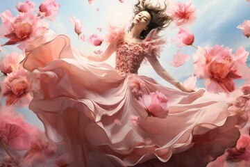 woman in pink dress - obrazy, fototapety, plakaty