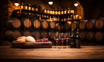 Warm ambient wine cellar with vintage wooden barrels stacked, a classic winemaking tradition, and a rustic wooden tabletop for product display