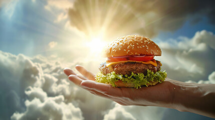 A human hand holds a tasty hamburger, on the background of the heavenly paradise