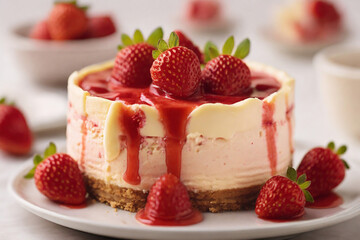 Strawberry cheesecake with fresh strawberries on a white background.
