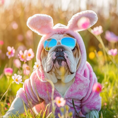 A cool bullodg in a funny easter bunny costume in garden - obrazy, fototapety, plakaty