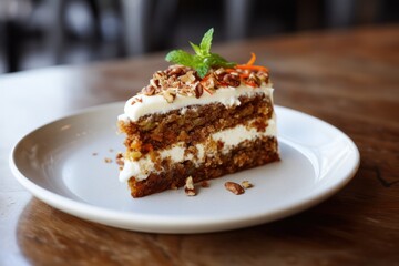 vegan carrot cake dessert closeup on white plate at restaurant or at home on wooden table