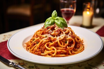 Amatriciana pasta dish at Italian restaurant white plate closeup decorated with basil leaf