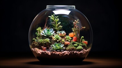 A glass terrarium with a variety of succulents