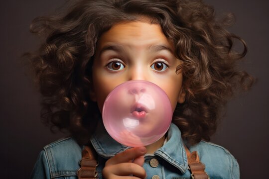 little girl blowing a pink bubble gum face closeup portrait. Sugar consumption by kids social nutrition  issue.