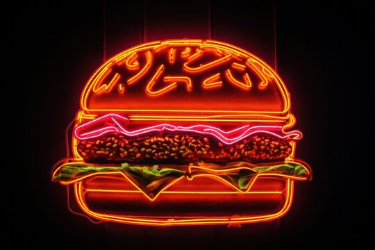 neon sign of burger outline glowing at night at glass wall of american restaurant closeup