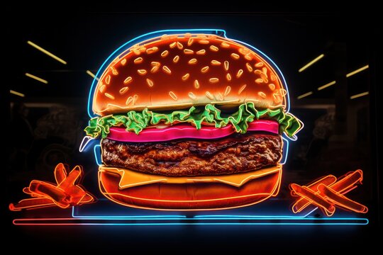 neon sign of burger outline glowing at night at glass wall of american restaurant closeup
