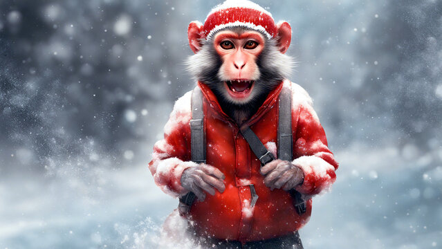 Affe mit roter,  warmer Winterkleidung