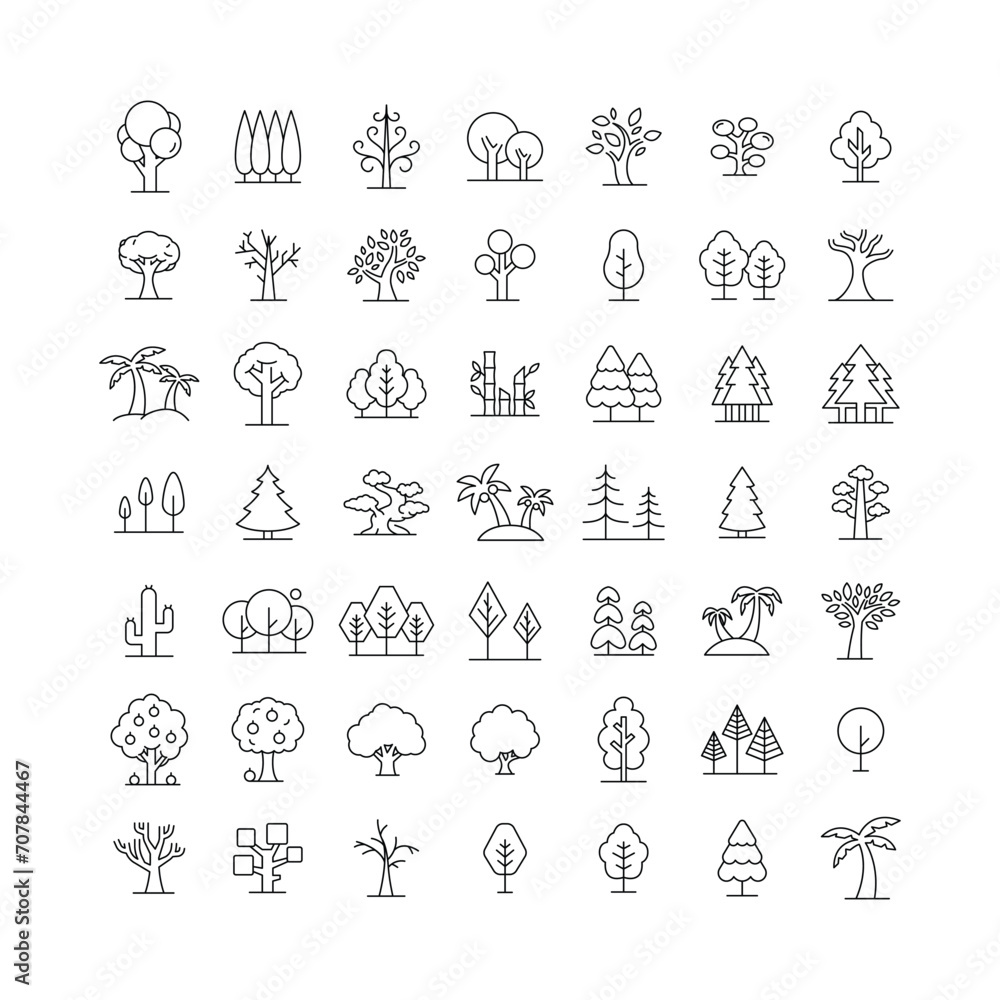 Poster tree icon set. simple outline style. forest, park and garden trees, nature concept. thin line symbol