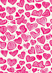 Fototapeta na wymiar Rustic pink linocut heart Valentines Day holiday pattern, craft romantic design