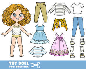 Cartoon girl with curle haired and clothes separately -  shirts, casual dress, jeans and sandals doll for dressing