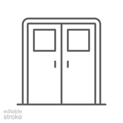 Double door with glass window icon. Simple outline style. Entrance door, hospital, frame, doorway, house, home interior concept. Thin line symbol. Vector illustration isolated. Editable stroke.
