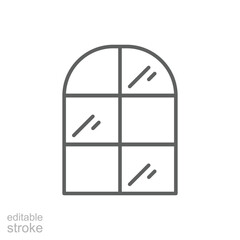 Arch window icon. Simple outline style. Window frame semi round at the top, antique, room, house, home interior concept. Thin line symbol. Vector illustration isolated. Editable stroke.