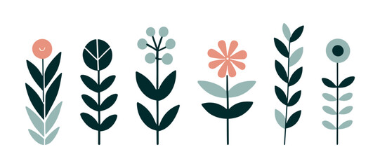 Graphic illustration of colorful plants and flowers in a minimalist style for decoration, textiles or branding. - obrazy, fototapety, plakaty