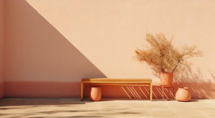 Sunlit Home Terrace with Peach Fuzz color Walls, minimalist background