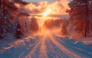 sunset snowy road in the mountains 