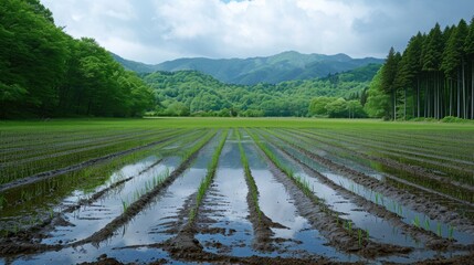 Image of valley with lush green and healthy rice paddy with rows of rice plants growing in it surrounded by mountains and trees.