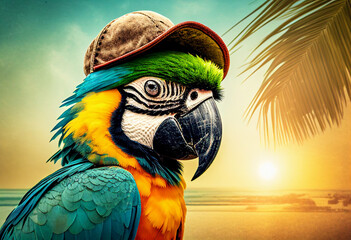 Parrot Ara wearing sunglasses at the sea. AI Generated