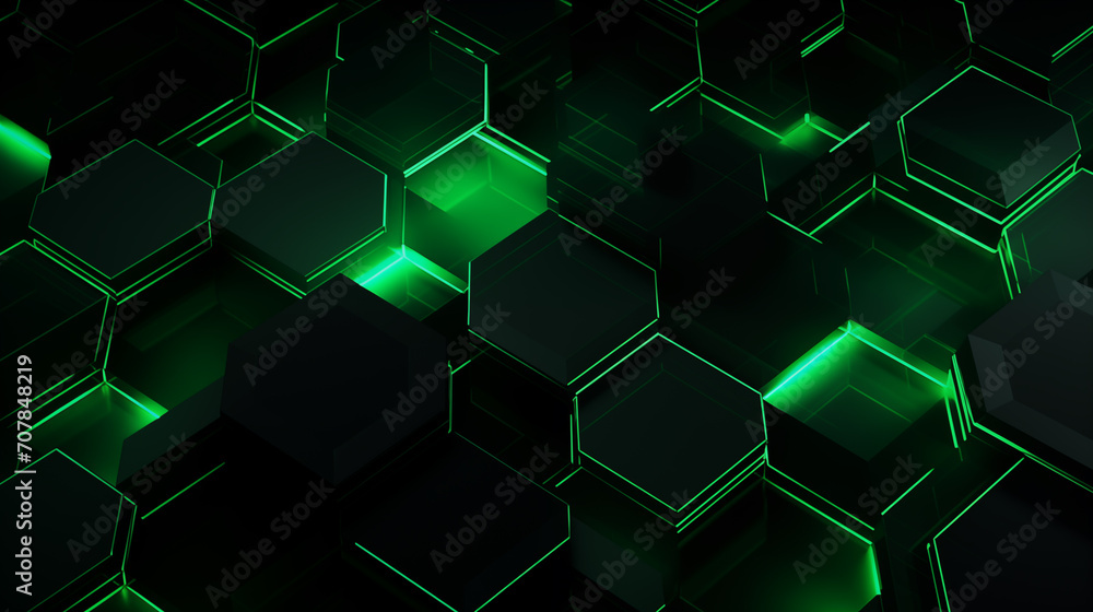 Poster abstract hexagonal background in dark with green neon lights.