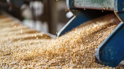 Foto op Plexiglas Golden-yellow grains cascading from hopper, sorting machine onto conveyor belt. Grains likely some type of cereal, such as rice. Organic rice grains. © Lustre
